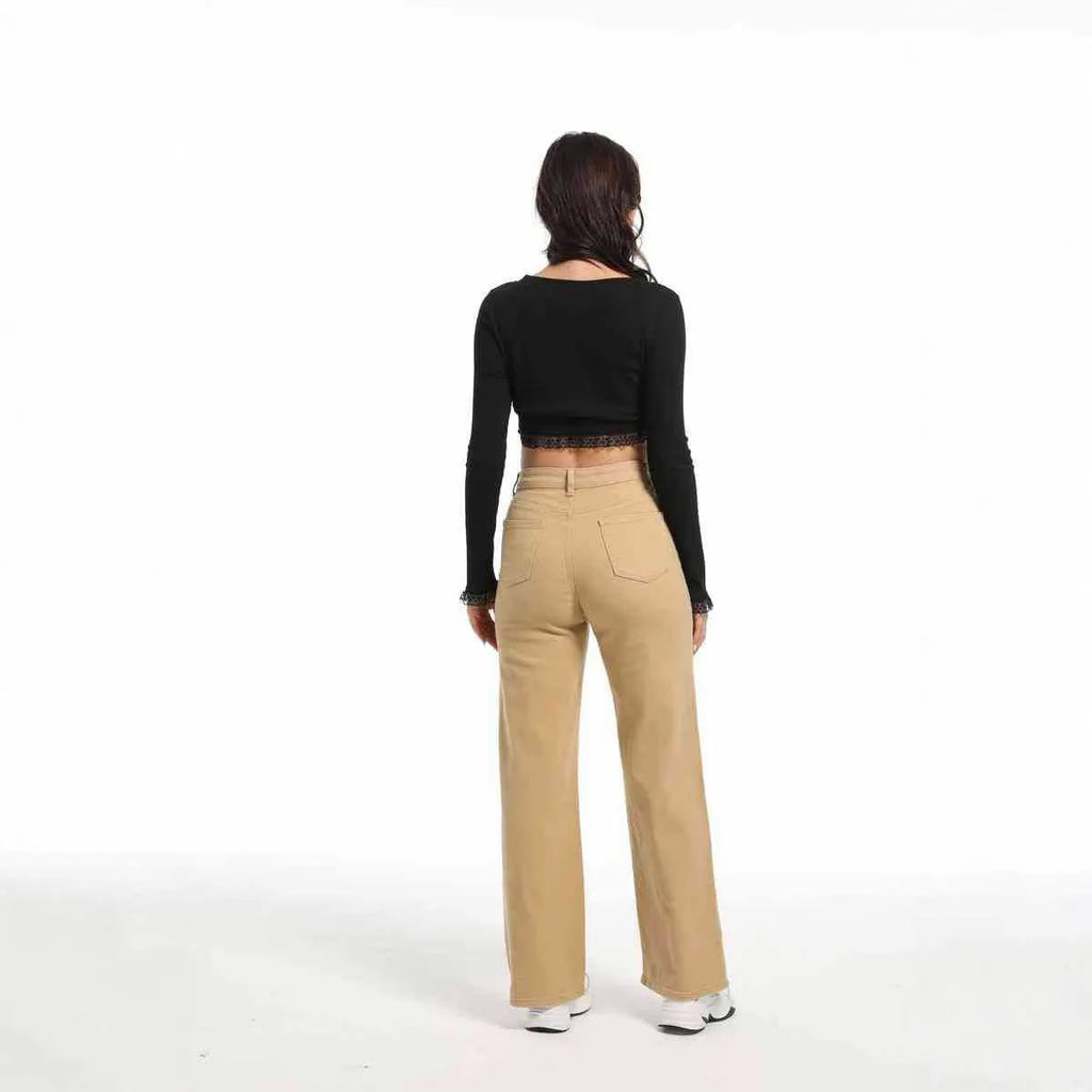 Women's high waist straight jeans in apricot and khaki colours with wide leg cut