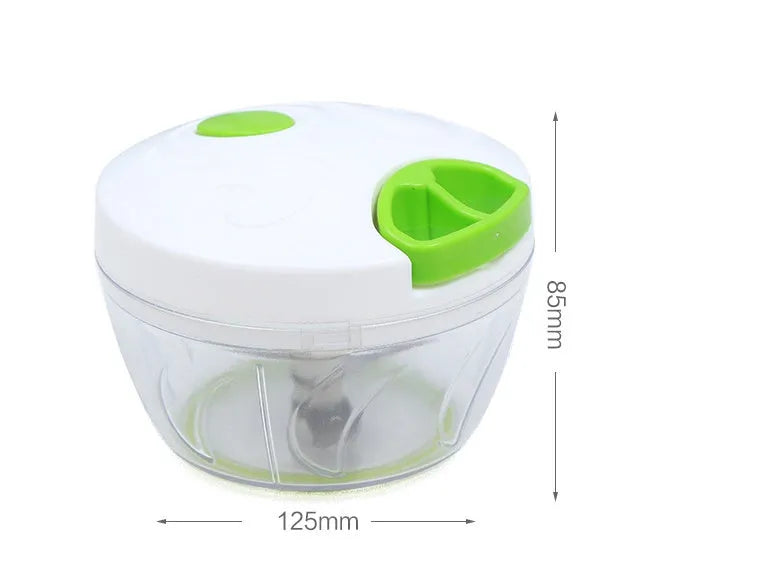 Green manual kitchen chopper with three stainless steel blades and a 500ml ABS container.