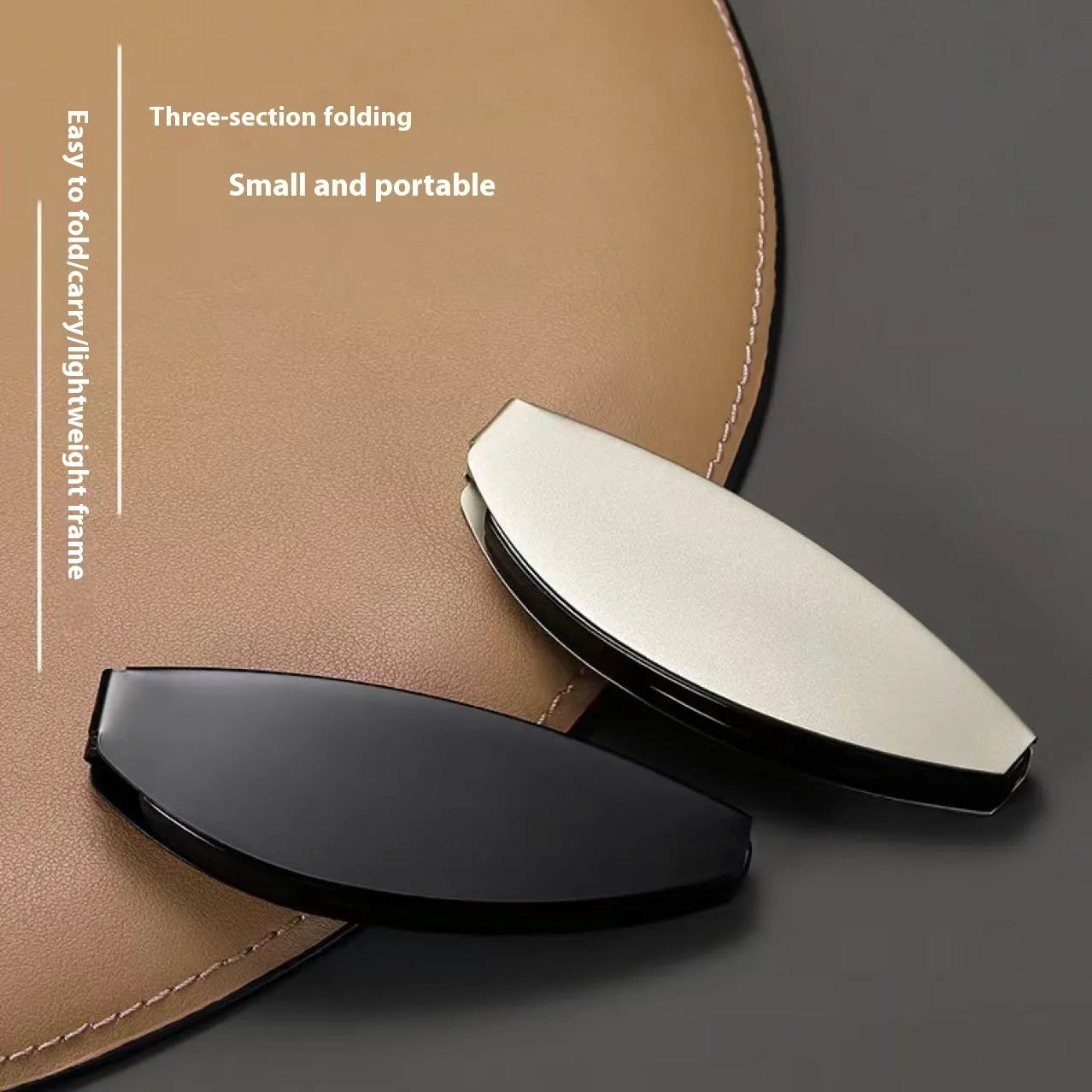 Folding presbyopic reading glasses with retro metal frame shown open and folded in pocket case