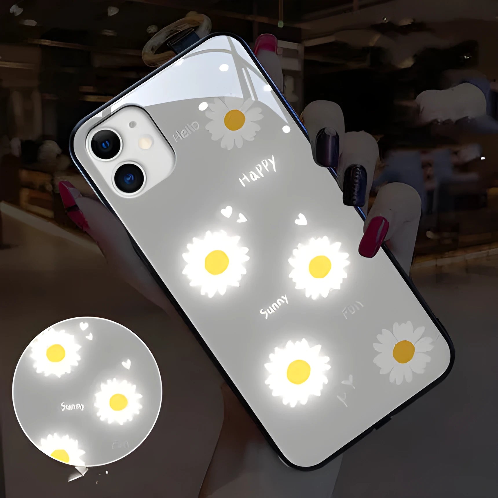 Luminous iPhone case with voice-activated colour light showing painted daisy and broken flower design on TPU protective shell