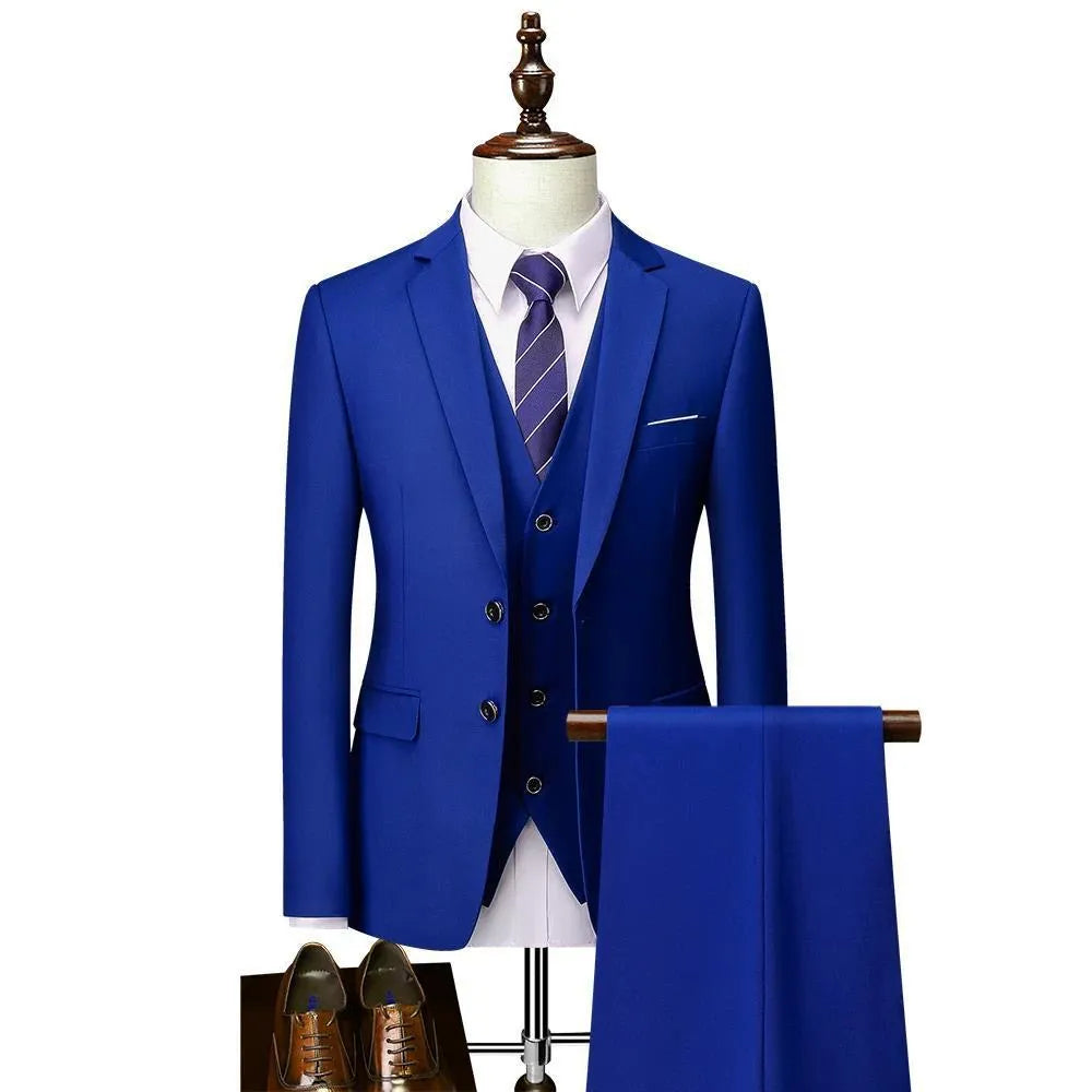 Men's slim fit khaki cotton blend bridegroom vest on a hanger.