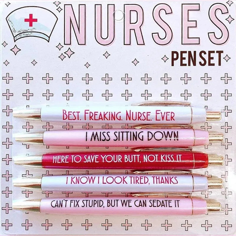 Five nurse-themed ballpoint pens with humorous medical copywriting on plastic barrels