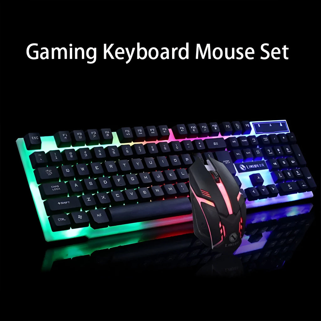 GTX300 black and white wired USB gaming keyboard and mouse set with backlit keys on desk