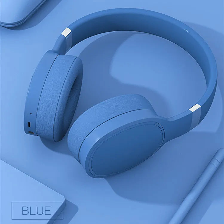 Wireless Bluetooth headset in black, blue, grey, or white colour with over-ear design.
