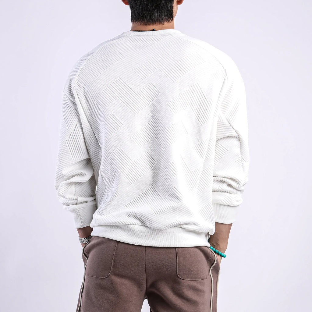 Men's loose fit twill jacquard pullover sweater in solid colours with round neck and long sleeves