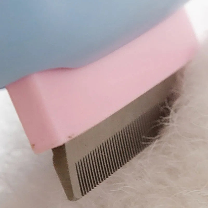 Red double-sided pet deshedding brush with dematting comb on a white background.