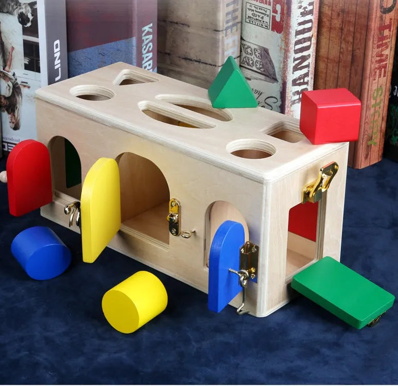 Wooden educational shape sorter puzzle box with 12 geometric blocks for preschool children