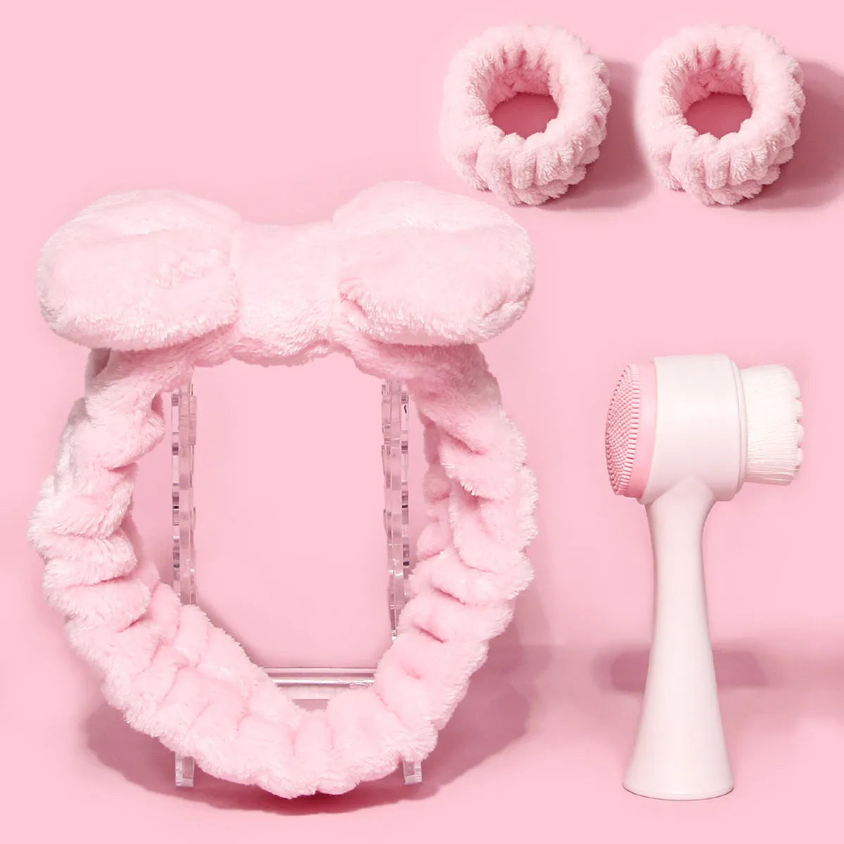 Facial brush set with coral fleece hair band, absorbent headband, and waterproof shower brush in purple colour