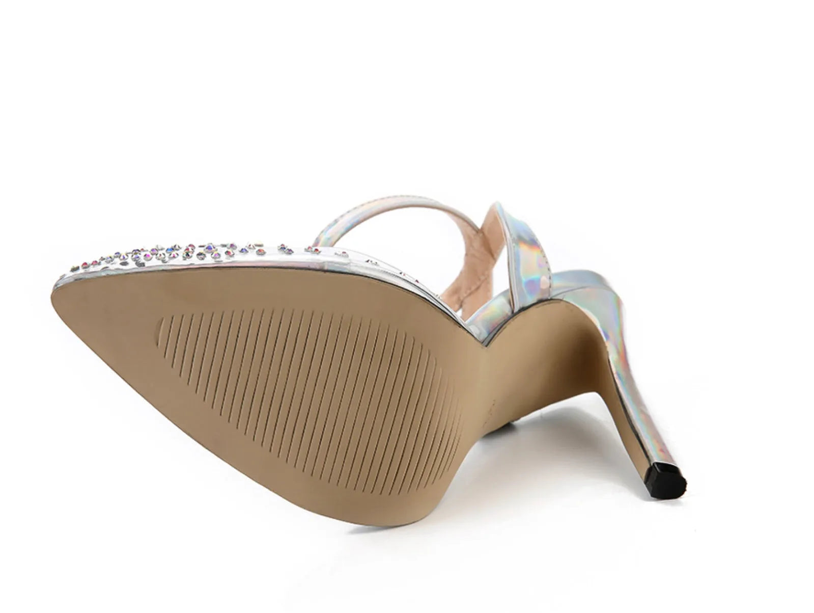Women's pointed toe diamond sandals with stiletto heels and adjustable ankle strap