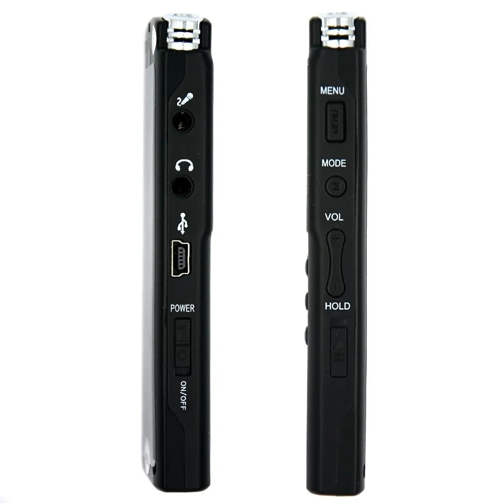 Compact black USB digital voice recorder with display screen and microphone port