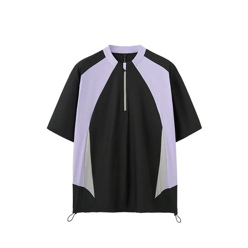 Men's black and beige stitching top with long and short sleeve options in polyester fabric