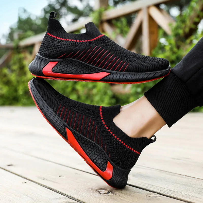 Men's mesh sock shoes with striped design showing flyknit upper and front lace-up styling