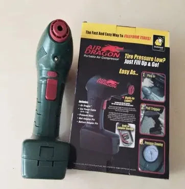 Portable 12V electric car air pump with motor and inflation components in one unit