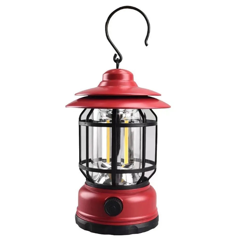 Portable camping lantern in dark green, black or red colours with battery power options