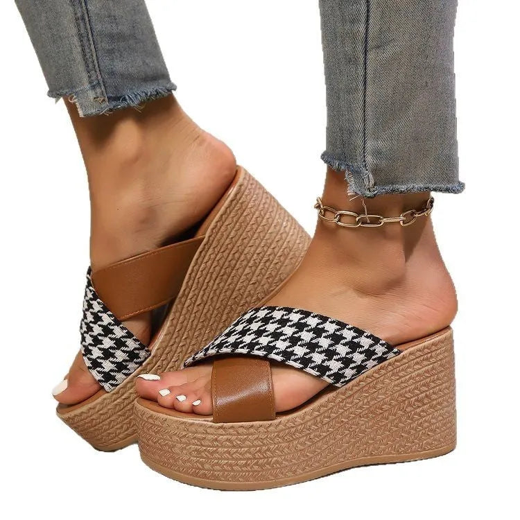 Cross leopard plaid wedge sandals with rubber sticky soles in black or brown pattern