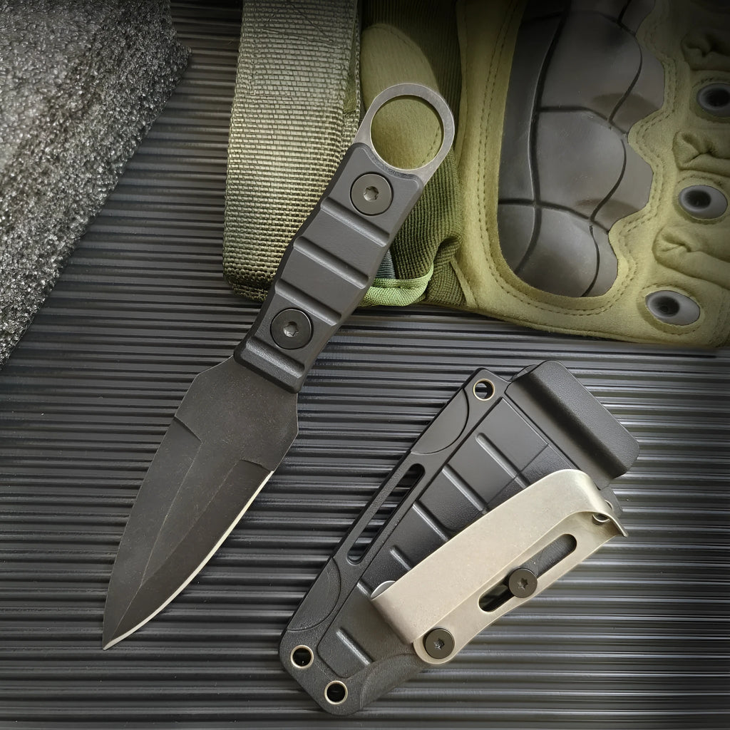 Outdoor camping portable small straight knife stainless steel black finish