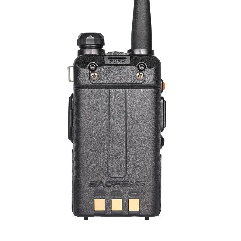 Handheld dual-band VHF/UHF walkie talkie with antenna showing compact dimensions
