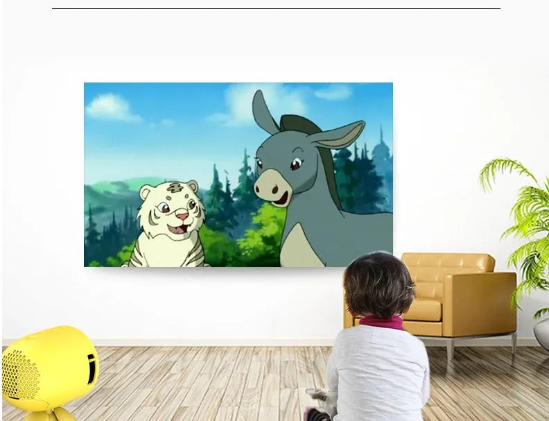 YG220 yellow and white LED projector showing front projection with international plug types