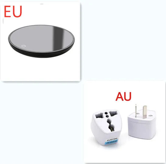 Black coffee mug warmer on desk showing 12cm diameter and low/high temperature switch