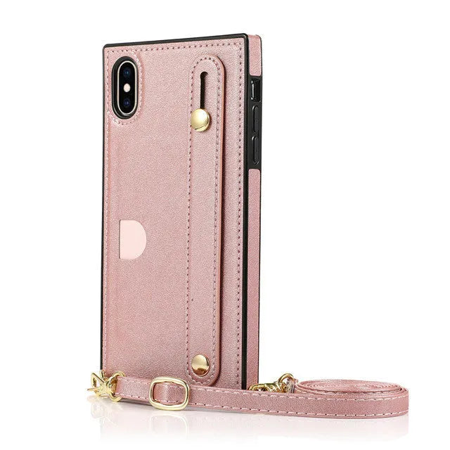 Leather messenger phone case with card holder compartment and wristband for iPhone models