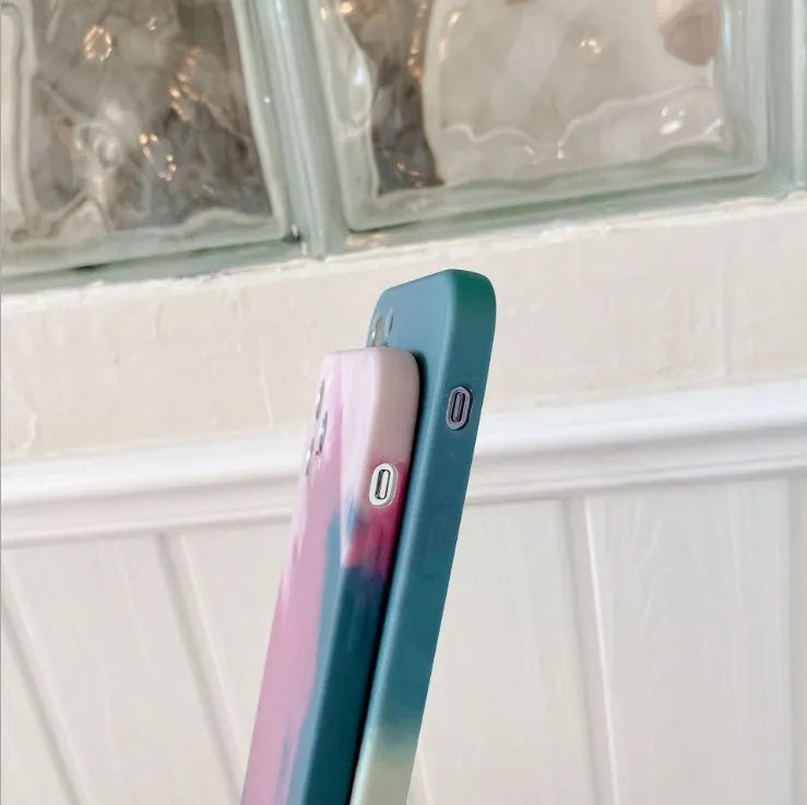 Soft silicone iPhone case with oil painting gradient geometry abstract design in blue, green, pink or purple colour