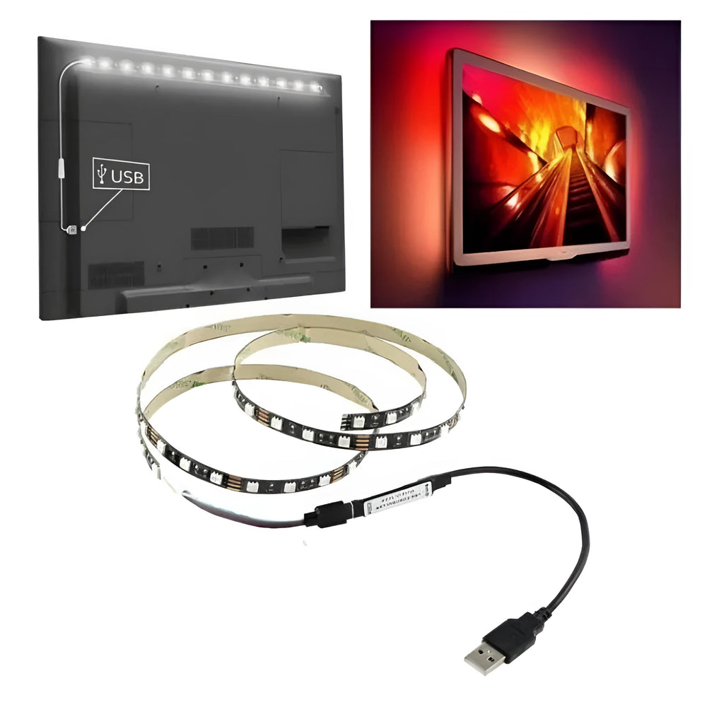 A one-metre long flexible USB LED light strip with SMD5050 LEDs, shown with its 50cm integrated cable, available in six colours.
