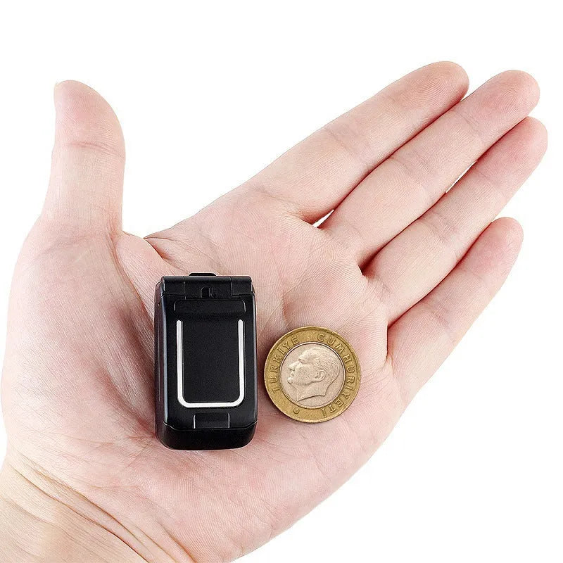 Mini flip phone in six colours with flip cover open showing small screen