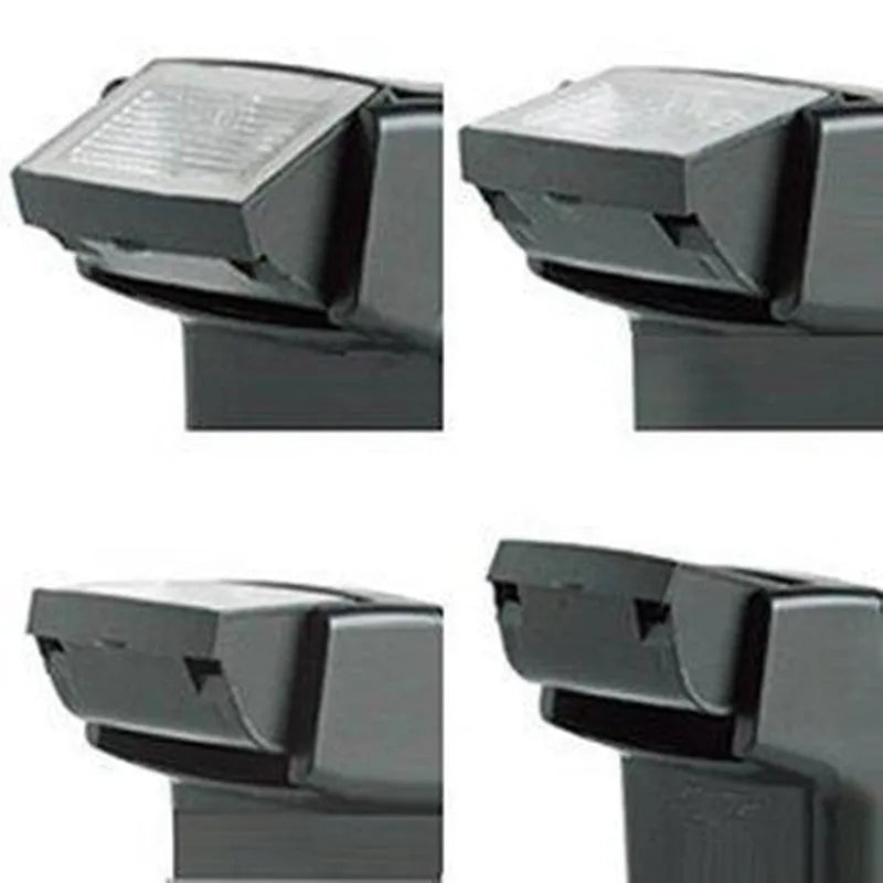 Silver top-mount SLR camera flash accessory with head tilted up, showing hot shoe mount and battery compartment.