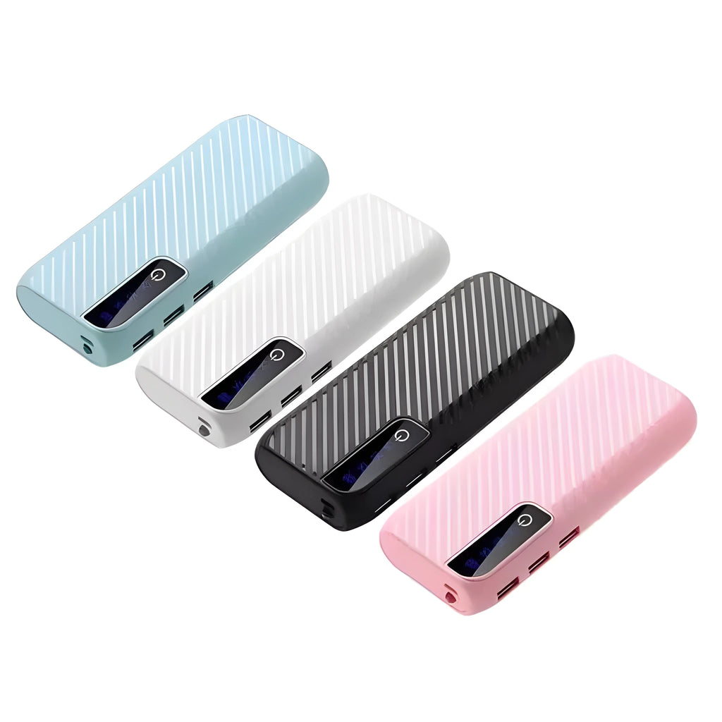 20000mAh portable mini power bank in black with dual USB ports showing compact size