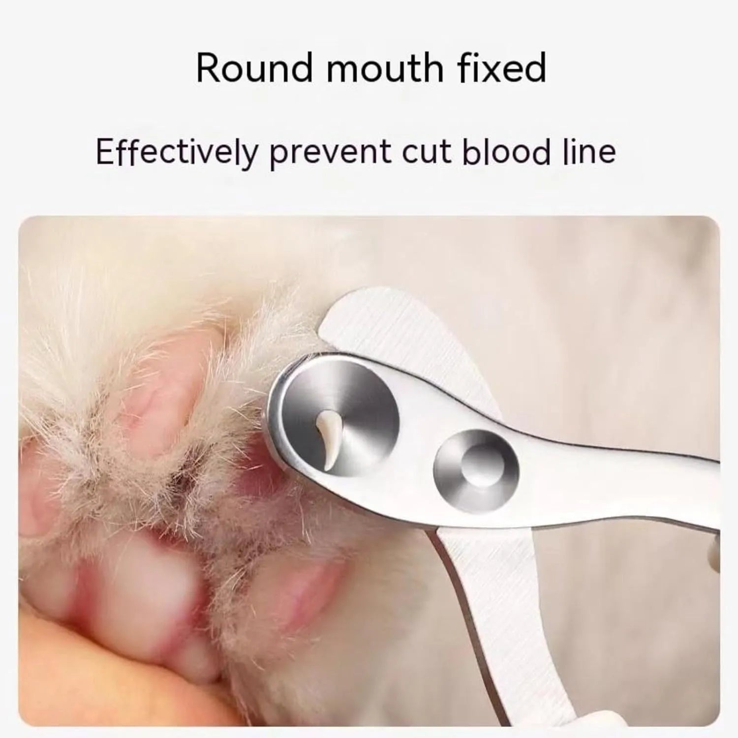 Blue cat nail clippers with circular hole and safety aperture for trimming pet nails