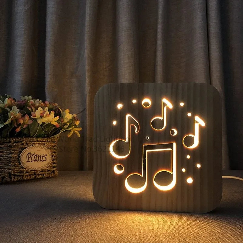 Pine wood USB-powered LED atmosphere lamp with warm white light, dimensions 19x19x3cm.