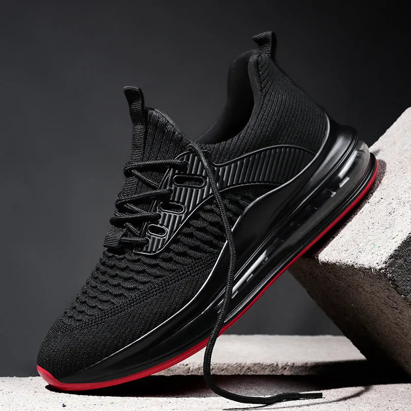Men's black mesh running shoes with round toe and lace-up front closure