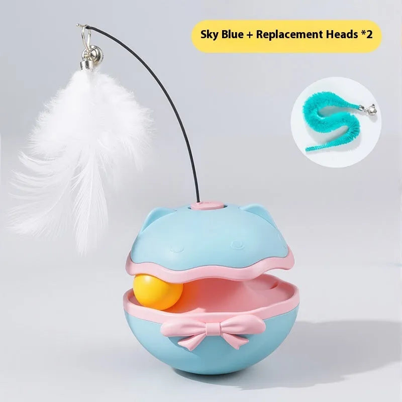 Electric cat toy tumbler in lemon yellow, sky blue, or soft fog grey showing self-moving plastic design