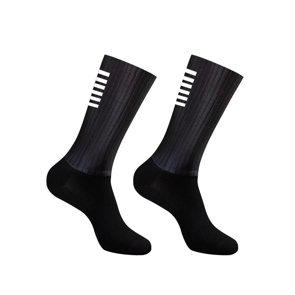 Cycling socks in orange, black, purple, white, grey, or dark blue with moisture-wicking fabric
