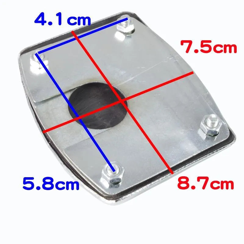 Metal motorcycle brake pedal skid plate replacement part showing three colour options