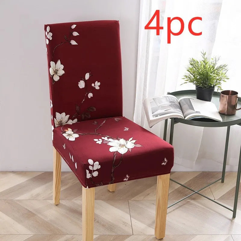 A stretchy spandex chair cover fitted neatly on a four-legged wooden dining chair.
