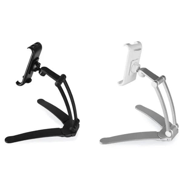 Silver aluminum alloy desktop stand holding a tablet at an adjustable angle.