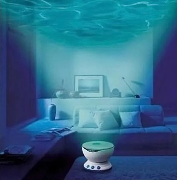 Blue ocean LED projection lamp showing aquatic scene projection on wall with DLP trapezoidal correction technology