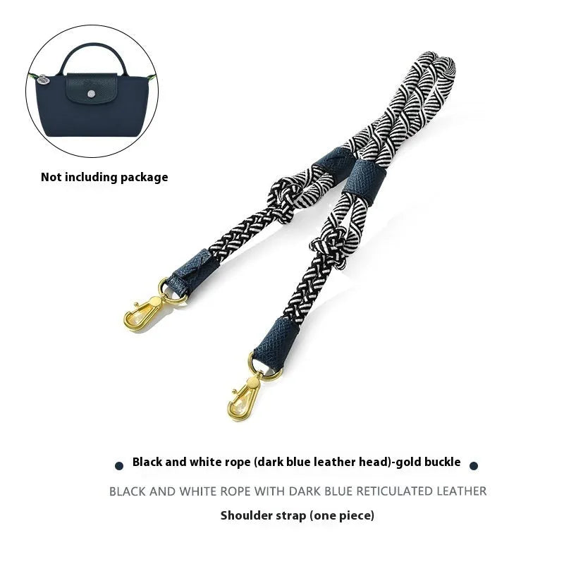 Braided nylon and cowhide leather crossbody shoulder strap with gold alloy buckle on a grey background.
