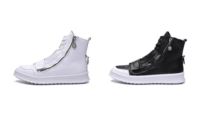 Black and white PU leather men's winter ankle boots with high-top sneakers style