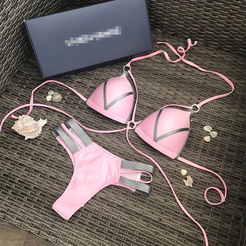 Women's bronzing bikini swimwear with chest pads in various colours and prints.