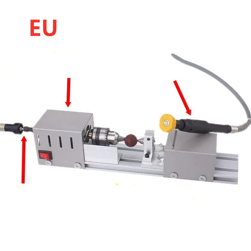 Mini metal woodworking lathe with carving knives and accessories for small craft projects