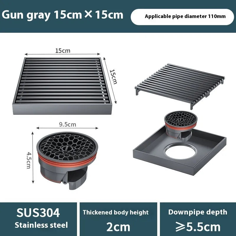 Gun grey 304 stainless steel courtyard floor drain with a square 15x15 cm design and ABS plastic core.