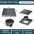 Gun grey 304 stainless steel courtyard floor drain with a square 15x15 cm design and ABS plastic core.
