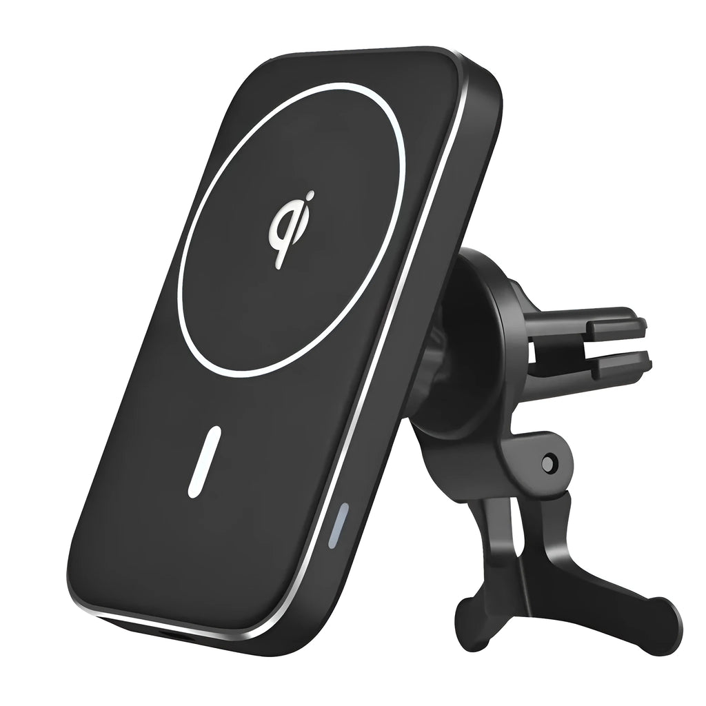 Black M6 magnetic wireless car charger mounted on vehicle air vent with phone attached