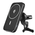 Black M6 magnetic wireless car charger mounted on vehicle air vent with phone attached