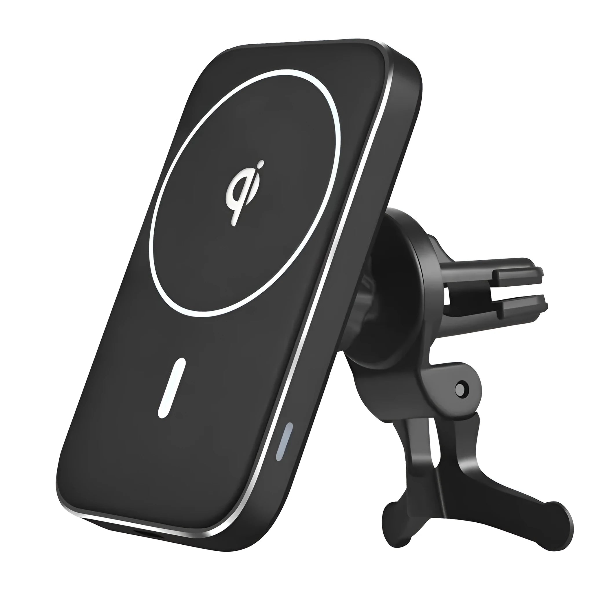 Black M6 magnetic wireless car charger mounted on vehicle air vent with phone attached