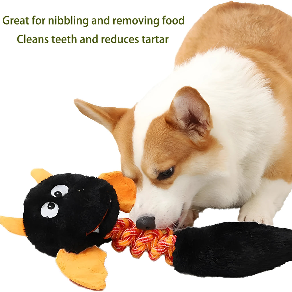 Soft plush dog toy with squeaker, rattle, and rope knot in black, green, or red.