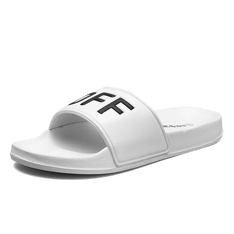 Men's black open-toe slippers with rubber soles showing personalised detail