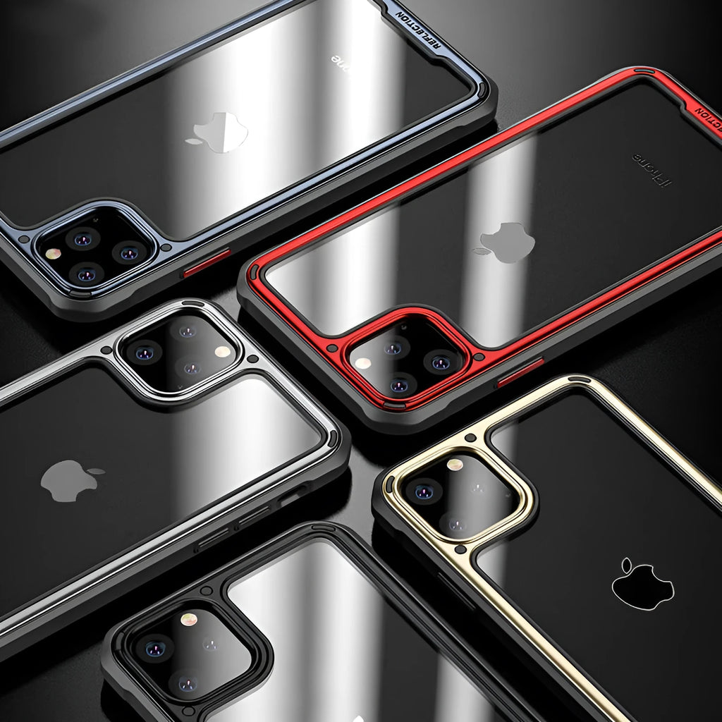 Transparent silicone phone case for iPhone 11 Pro Max in silver colour showing back and side view.